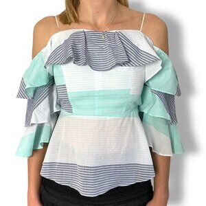 Amanda Uprichard Ruffle Off Shoulder Summer Top Sz P, Aqua, Soft Navy, White
